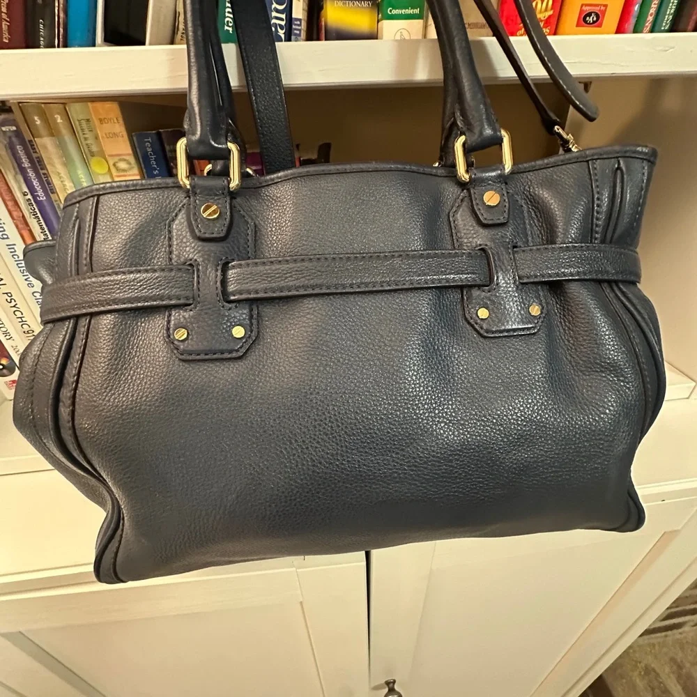 Michael Kors Navy Leather Satchel with Gold-Tone MK Emblem